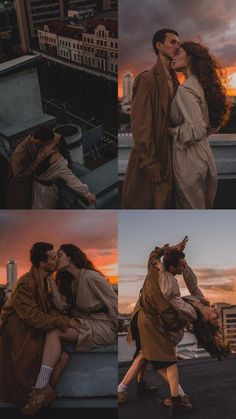 two people kissing each other on top of a building in the city at sunset or dawn