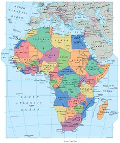 the africa map is shown in red, yellow and blue with countries marked on it