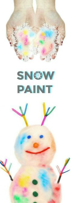 a snowman made out of yarn and paint with the words snow paint on it