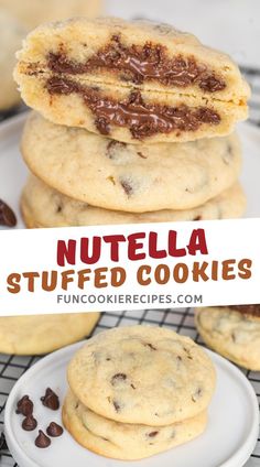 chocolate chip cookies stacked on top of each other with the words nutella stuffed in between them