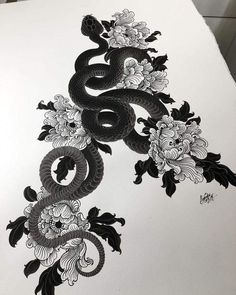 a drawing of a snake with flowers on it