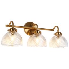 three light bathroom fixture with glass shades on the bottom and brass finish, in an antique style