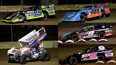 four dirt racing cars in different positions on the track