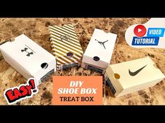 four boxes with different designs on them and the words easy diy shoe box treat box