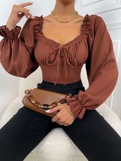 Halter Shirt, Brown Blouse, Chic Blouses, Puff Long Sleeves, Joe Jonas, Elegant Blouses, Cropped Tops, Casual Tops For Women, Spring Shirts