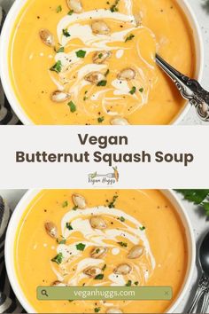 two bowls of vegan butternut squash soup