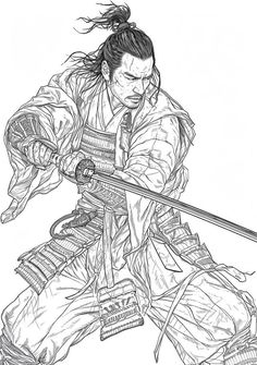 an ink drawing of a samurai holding two swords