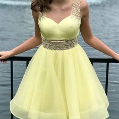 Yellow Sweatheart Cut With Beautiful Embellished Straps & Open Back!Beaded Belt With Cinched Waist & Full & Fun Tulle Skirt Dresses Homecoming, Beaded Belt, Blush Dresses, Homecoming Dress, Cinched Waist, Homecoming Dresses, Open Back, Tulle Skirt, Homecoming