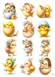 a bunch of chicks that are standing in front of an egg with flowers on it