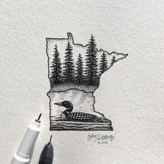 a pen drawing of a bird on top of a piece of paper with trees in the background