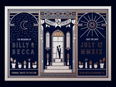 an art deco poster for the wedding of billy and beca in miami, florida