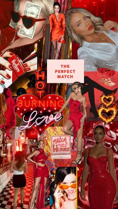 a collage of women in red dresses, with the words hot burning love on them