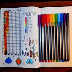 an open notebook with markers and pencils on it, next to a graph book