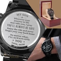 GET 36 % OFF YOUR PURCHASE OF 2 OR MORE ITEMS.  CODE: 2LUMIERE36OFF | 3LUMIERE36OFF | 4LUMIERE38OFF Engraved Watch Gift for Son, Son Gift from Mom, Inspiring Gift Son Keepsake, Son Going Away Gift Army Soldier Son Service, Watch Gift to Son A personalized gift to son that can withstand constant use, this Engraved Design Black Chronograph Watch is the perfect gift for your Son for his Graduation, birthday or a thoughtful going away memento, or a long-lasting keepsake as he goes to army and serve- Engraved Watches For Son, Army Gifts, Wedding Mementos, Ill Always Love You, Watch Engraving, Army Soldier, Son Gift, Watch Gifts, Wristwatch Men