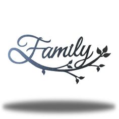 the word family written in cursive writing on a white background with leaves and branches