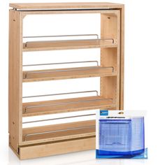 a wooden shelf with two clear plastic containers next to it and an empty box on the side