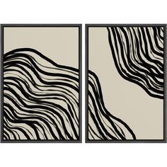 two black and white art pieces with wavy lines