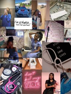 a collage of photos with various items and words on them that say i'm a nurse