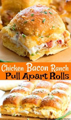 chicken bacon ranch pull apart rolls on a cutting board with text overlay that reads chicken bacon ranch pull apart rolls