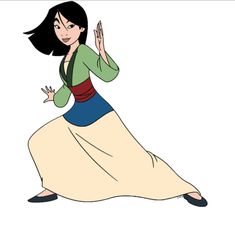 an animated woman in a long dress with her hands up and one hand out to the side