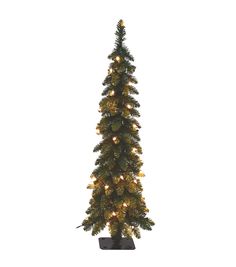 a christmas tree with lights on it and a black stand in front of a white background