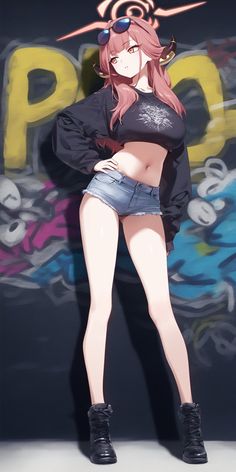 a woman in short shorts and black shirt standing next to graffiti covered wall with her hands on her hips