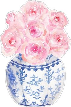 a watercolor painting of pink roses in a blue and white vase