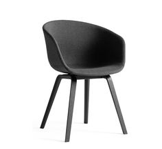 an upholstered chair with black legs and a grey seat, on a white background