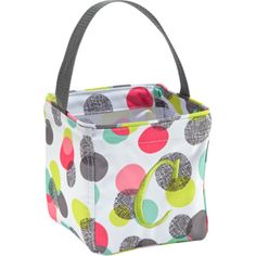 a multicolored polka dot lunch bag with handles and zippers on the side