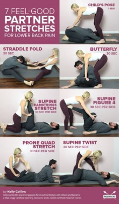 the instructions for how to do a back stretch with one leg up and another sitting down