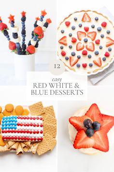 red, white and blue desserts are featured in this collage