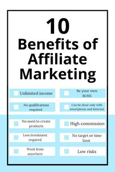 1) unlimited income
2) Be your own Boss
3) No qualification required
4) Can be done through a phone or computer 
5) no need to create a product
6) high commission
7)Less to no investment required
8) no target or time limit
9) work from anywhere and it is low risk