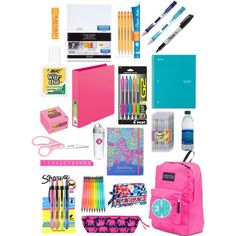 the contents of a school bag are shown in this image, including pens, markers and pencils