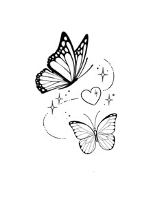 two butterflies flying next to each other with hearts and stars in the sky behind them