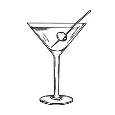 a drawing of a martini glass with an olive garnish on the rim and a straw in it