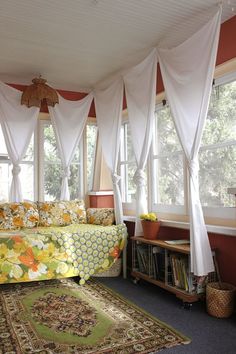 Corner Windows Sunroom Inspiration, Bed Makeover, Enclosed Porch, Porch Remodel, Sleeping Porch, Porch Makeover, Into The West