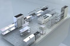 an architectural rendering of a kitchen and dining area with stainless steel appliances, refrigerators, sink, cabinets, and counter tops