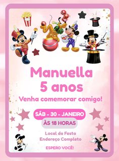 a pink poster with mickey mouses and other cartoon characters on the front, in spanish