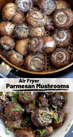 some food is being cooked in a skillet and the other one has mushrooms on it