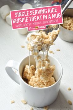 a spoonful of rice krispie treat in a mug with a sign on it