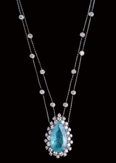 GABRIELLE'S AMAZING FANTASY CLOSET | Pear-Cut Paraiba Tourmaline & Diamond Pendant | Diamond Moon Necklace, Double Horn Necklace, Paraiba Tourmaline, Horn Necklace, Precious Jewels, Aquamarine Jewelry, Blue Jewelry, Fantasy Jewelry, Girly Jewelry