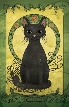 a black cat sitting on top of a green and yellow background with an ornate frame