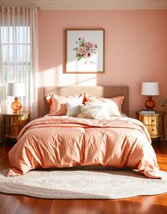 a bedroom with peach colored walls and wooden flooring is furnished with a bed that has an orange comforter on top of it