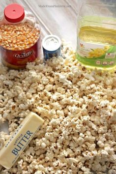 popcorn, butter and other condiments on a table