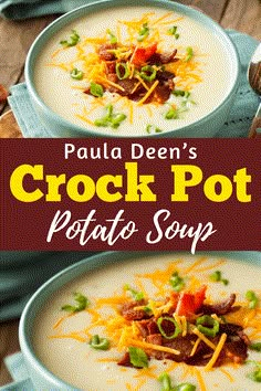 two bowls of crock pot potato soup with cheese and green onions on the side