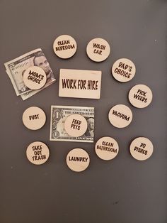 buttons with words on them sitting next to money