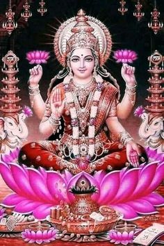 the hindu god sitting on top of a pink flower