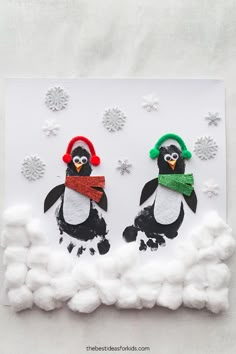 two penguins wearing hats and scarfs are on top of cotton balls with snowflakes in the background