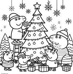 peppo pig christmas tree coloring page with peppa pig and friends in front of it