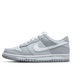 The Nike Dunk Low 'Pure Platinum Wolf Grey' is a stylish and timeless sneaker for kids. It features a two-tone grey colorway with a slightly darker neutral tone on the base, and a white Swoosh logo, laces, and midsole for a classic two-tone look. The rubber sole provides superior cushioning and support, making it perfect for everyday activities. Inspired by the classic Nike Dunk series, this sneaker is sure to be a timeless classic. (SNKR/Skate/Casual/Low Top) Gray Basketball Shoes With Rubber Sole For Streetwear, Gray Low-top Sneakers For Streetwear, Gray High-top Sneakers With Rubber Sole For Light Sports, Nike Gray Low-top Sneakers, Gray Rubber Sole Skate Shoes For Streetwear, Nike Gray High-top Sporty Sneakers, Nike Sporty Gray High-top Sneakers, Gray Sneakers With Rubber Sole For Light Sports, Sporty Gray Nike High-top Sneakers